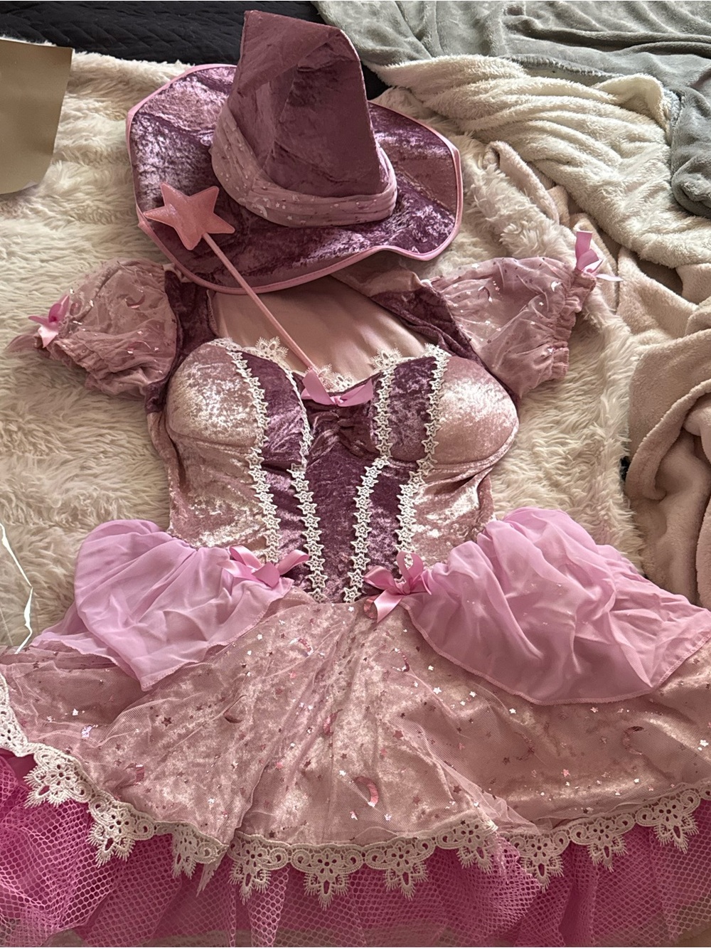 Spirit Bewitching Beauty Pink Witch Costume with Hat & Wand knee high socks